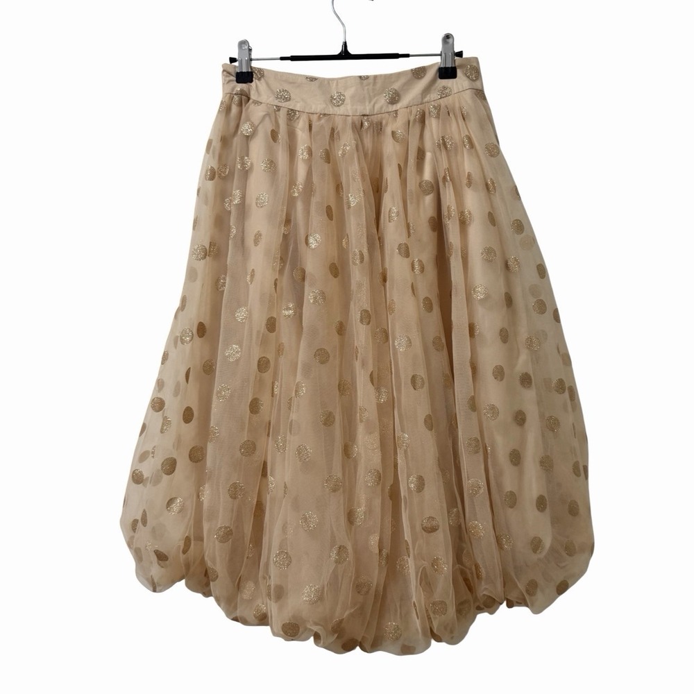 Beluah Brielle Tulle Mesh Polka Dot Balloon Midi Skirt Size M Cream Gold NEW